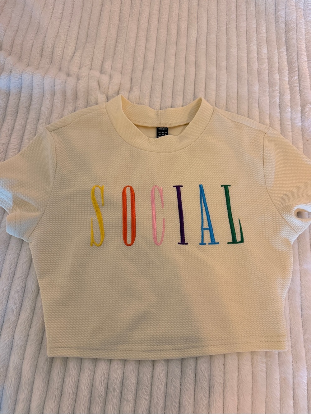 SHEIN Cream Cropped Tee with Rainbow 'SOCIAL' Embroidery